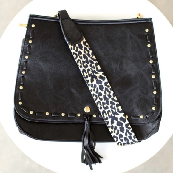 Vegan Leather Black Crossbody Bag – Studded with Tassel & Leopard Strap - Picture 3 of 6